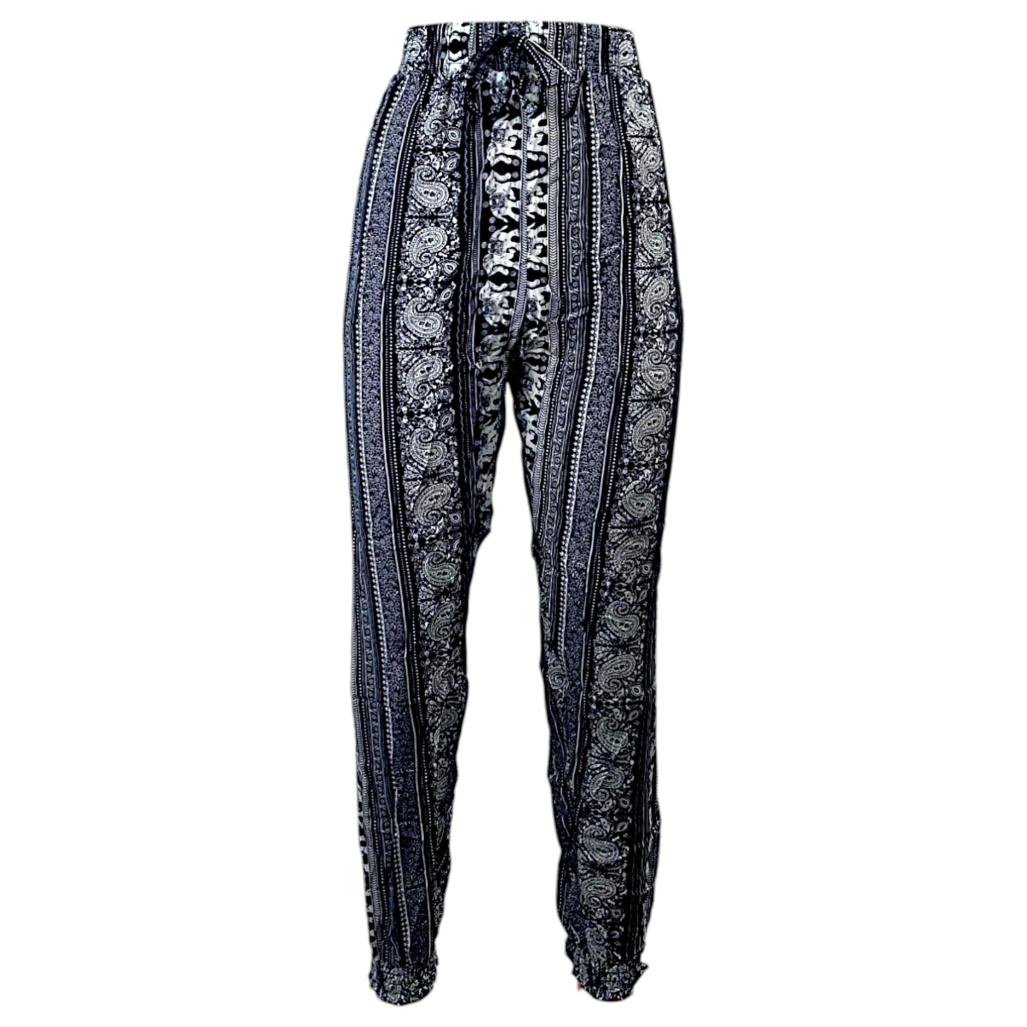 Women's navy elephant print palazzo trousers with paisley pattern and drawstring waist
